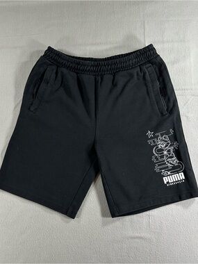 Puma Mens M Black Graphic Fleece Shorts Cat Print Sportswear Athletic Casual